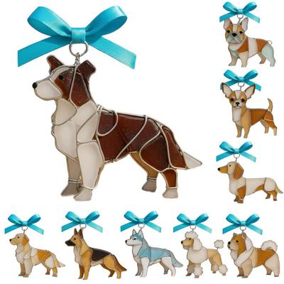 Colorful Dog Acrylic Suncatcher Stained Glass Corgi/Bulldog/Chihuahua Ornament Window Christmas Tree Hanging Decor with Bow Holiday Gift for Dogs