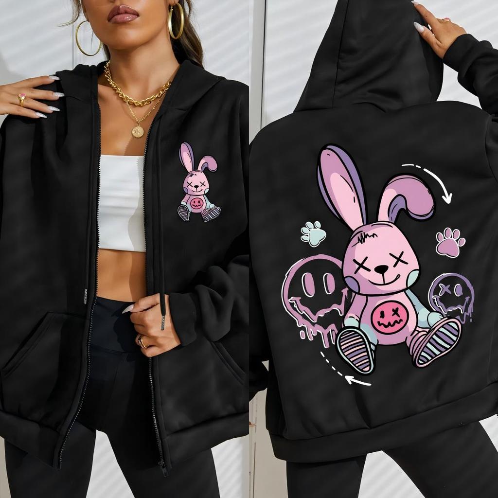 Cute Tags Cartoon Footprints Rabbit Print Women Zipper Hoody Hoodies Autumn Casual Zip-Up Clothes Pocket Hoodie