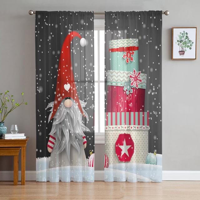 Christmas Gnome Wood Grain Snow Tulle Curtains For Living Room Decoration Modern Chiffon Sheer Voile Christmas Curtains