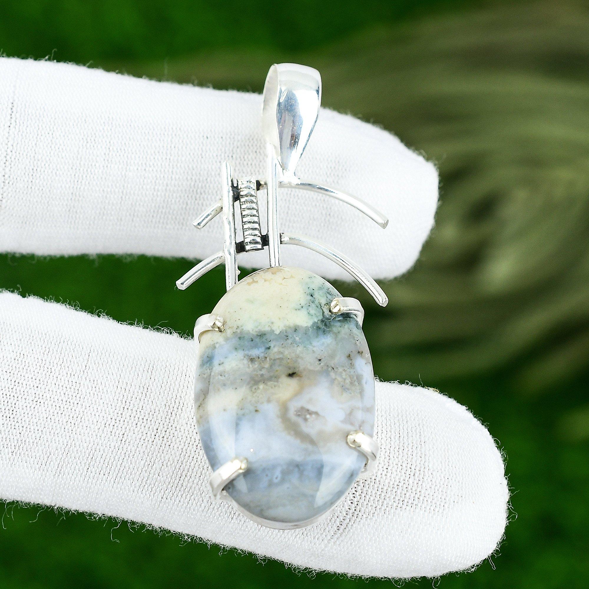 

Sterling Silver Ocean Jasper Gemstone Art Deco Wedding Mother Bezel Boho Pendant