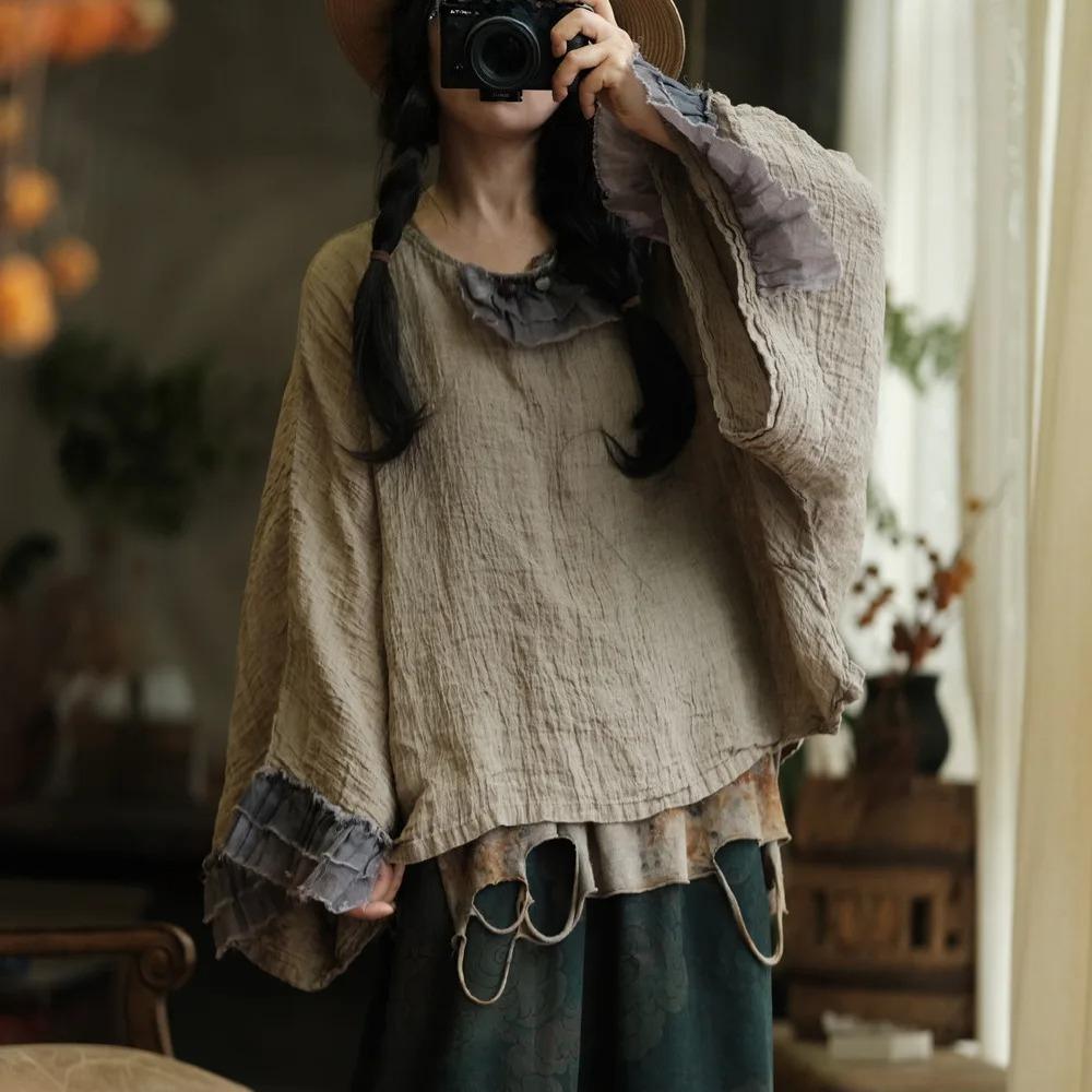 Johnature Vintage Women Patchwork T-Shirts O-Neck Long Sleeve Autumn Loose Chinese Style Female T-Shirts