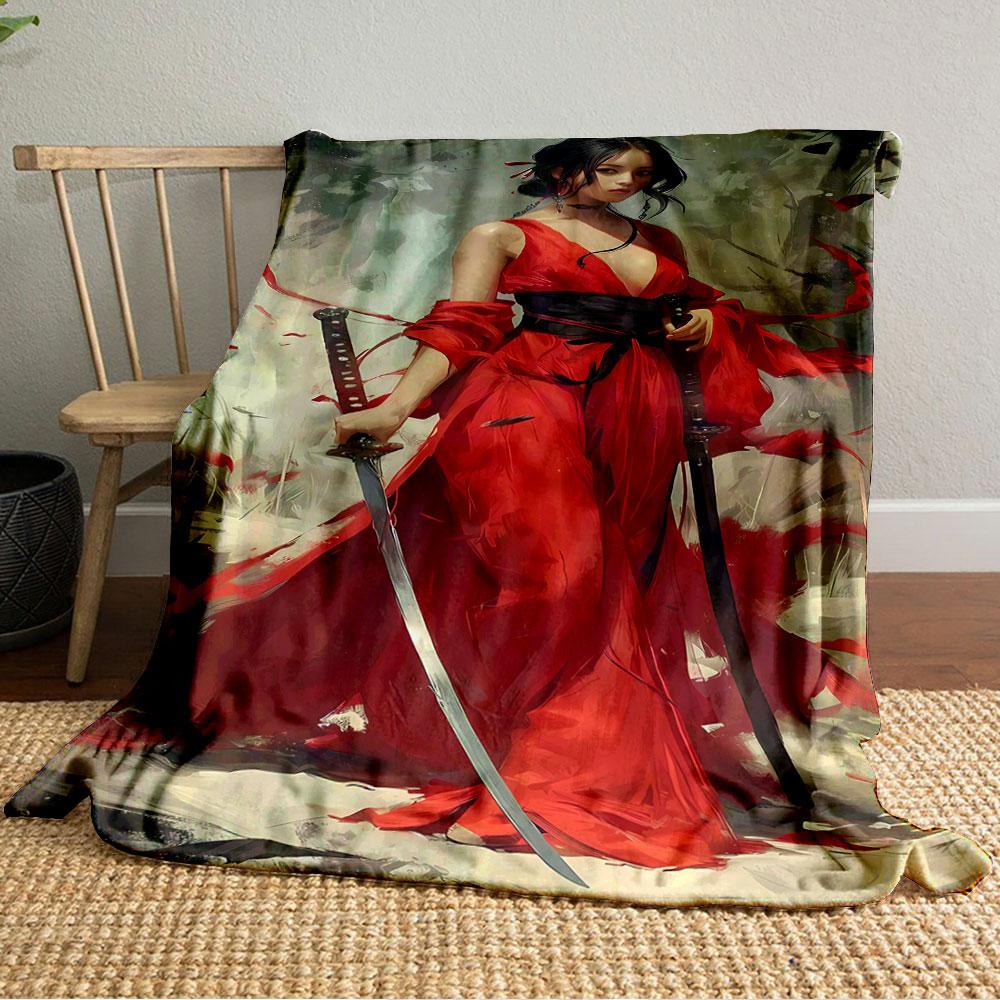 Flowing Red Dress with Dynamic Fabric Accents and Dual Swords. for All Seasons Blanket Lunch Break Throw Gift