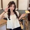 Women's Chic Puff Sleeve Square Neck Lace Trim Doll Top - Short Sleeve Summer Shirt
