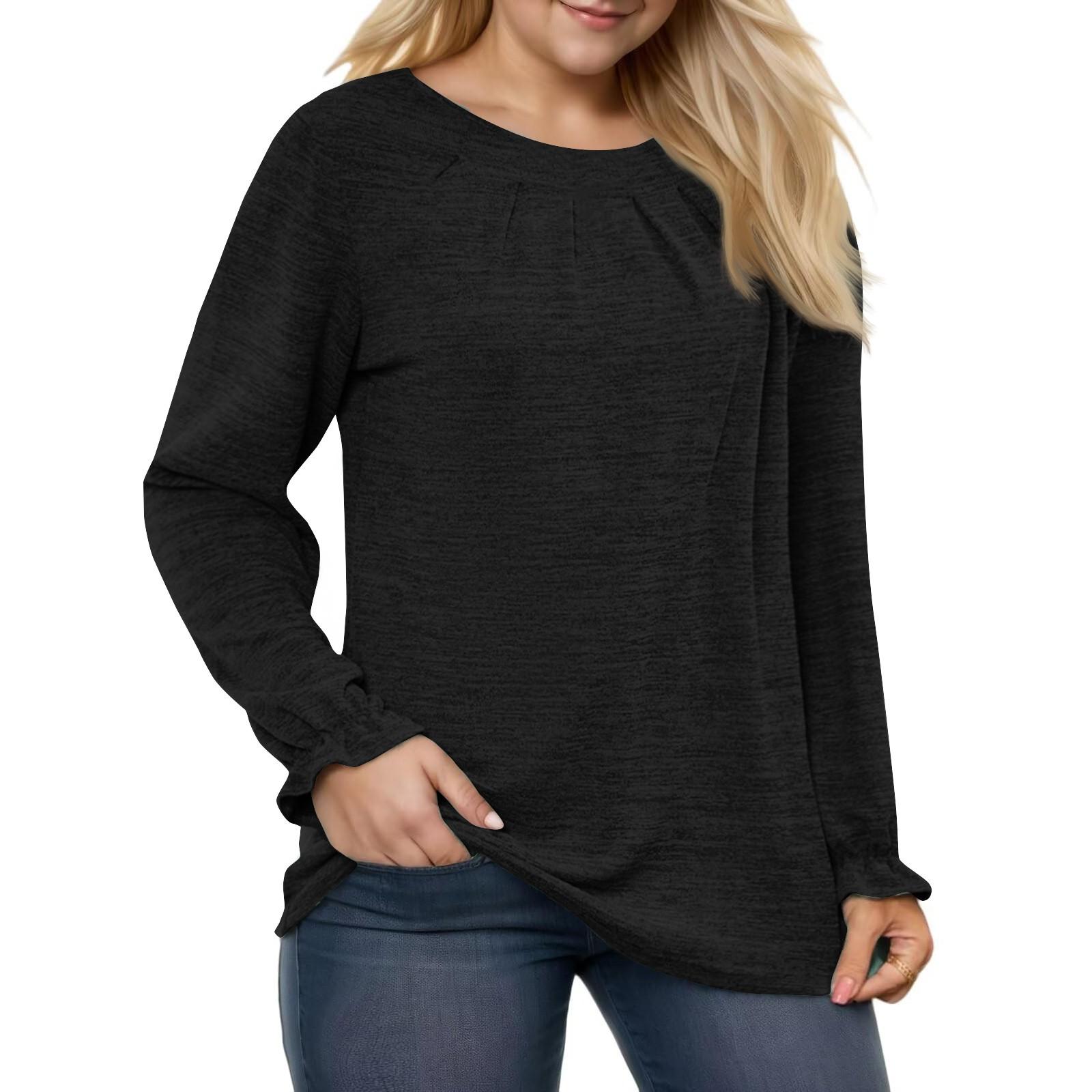 

Женская мода повседневный длинный рукав плиссированный круглый вырез пуловер большой размер топ L чёрный