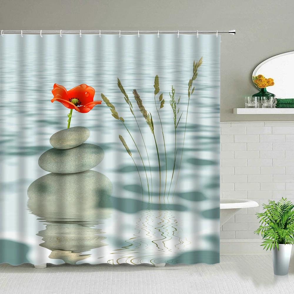 Zen Stone Buddha Flowers Scenery Shower Curtains Creativity Art Bathroom Bath Curtain With Hooks Waterproof Fabric Bathtub Decor