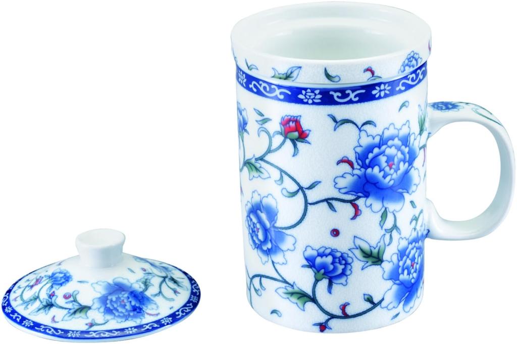 Kanda Chinese Tea Mug with Strainer (71075) White Flower Design 468202