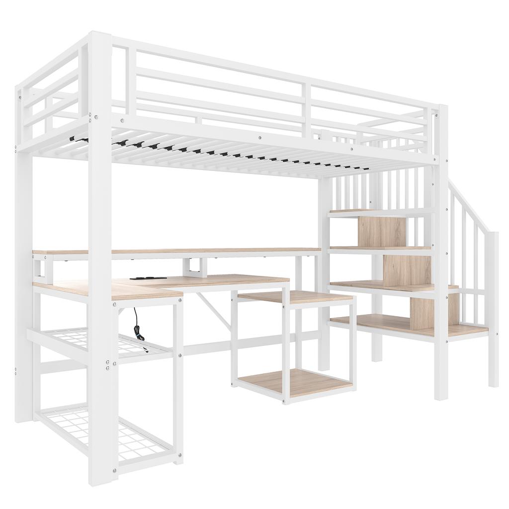 Łóżko piętrowe, 90 x 200 cm, rama żelazna, schowek, schody ze schowkiem, barierka zabezpieczająca, listwa świetlna LED, biurko, port USB, bez materaca, białe