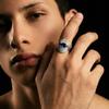 Adjustable Open Ring With Nebula Eye Motif Blue Zircon Geometric Wave Unisex Vintage Statement