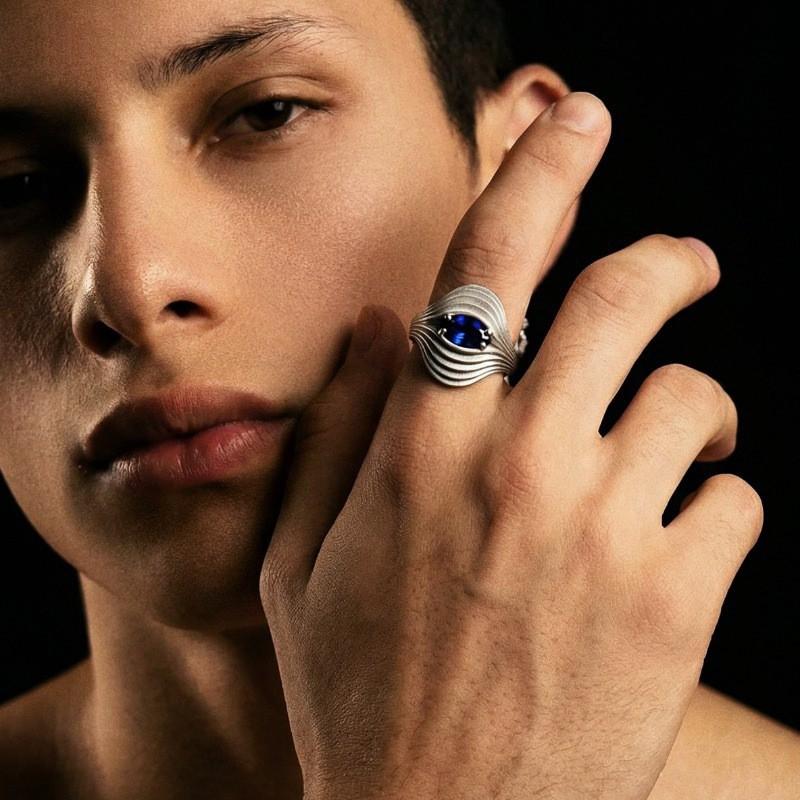 Adjustable Open Ring With Nebula Eye Motif Blue Zircon Geometric Wave Unisex Vintage Statement