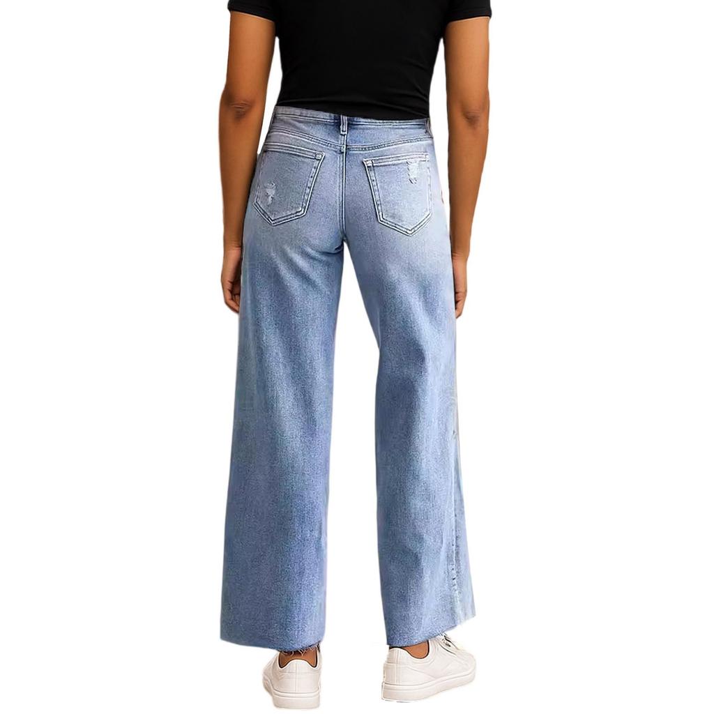 Women Baggy Mid Waist Jeans Wide Leg Loose Denim Pants Straight Leg Cropped Barrel Jeans