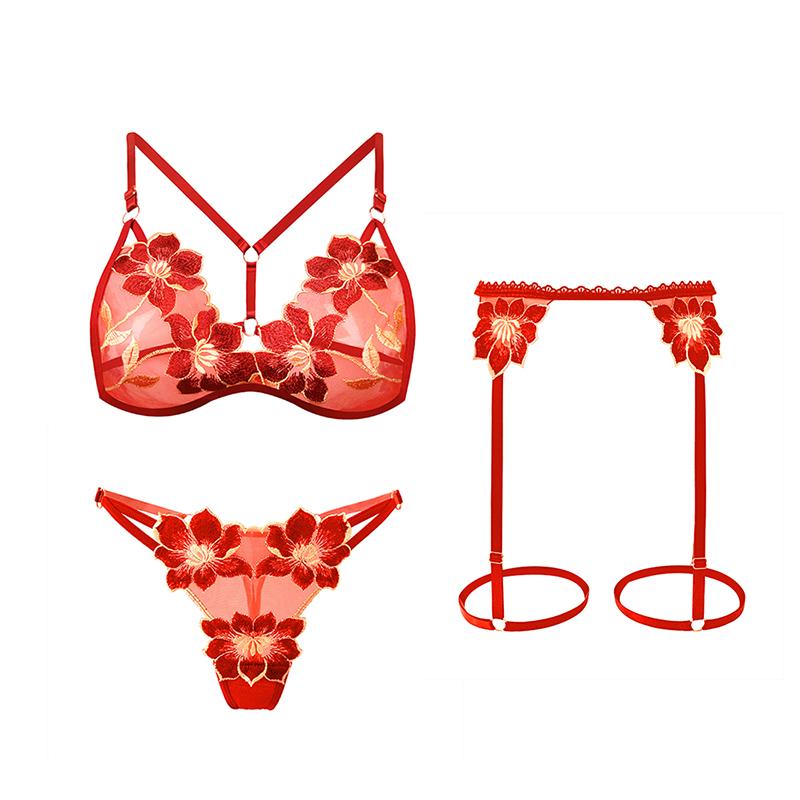 Erotic Lingerie Hot See-Through Embroidered Bra Female Large Size Passionate Temptation Sexy Panties Garter Three-Piece Suit