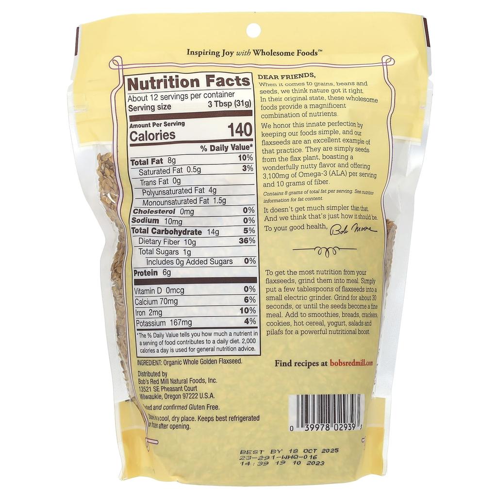 Bob'S Red Mill, Organic Whole Golden Flaxseed, 13 Oz (368 G)
