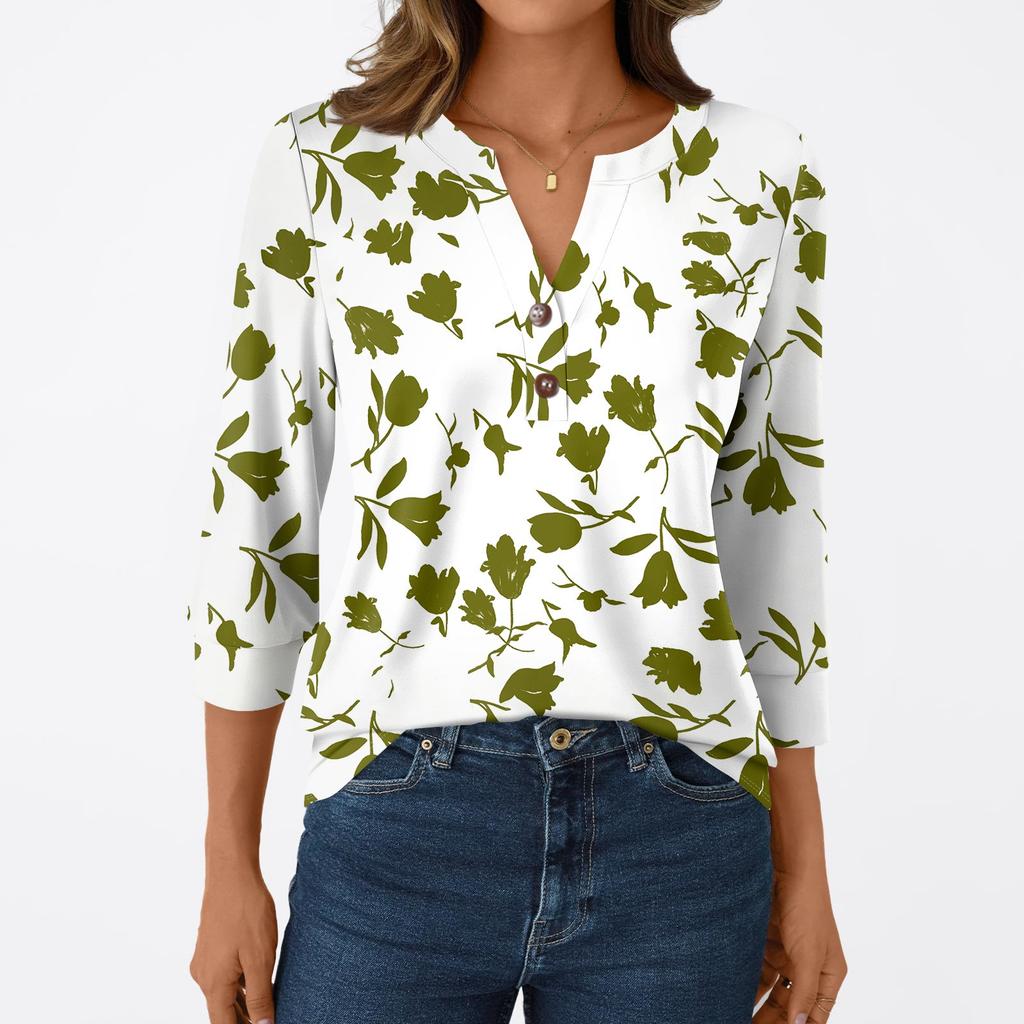 Damesmode Casual 3/4 Mouw T-shirt Prints V-hals Knoop Top