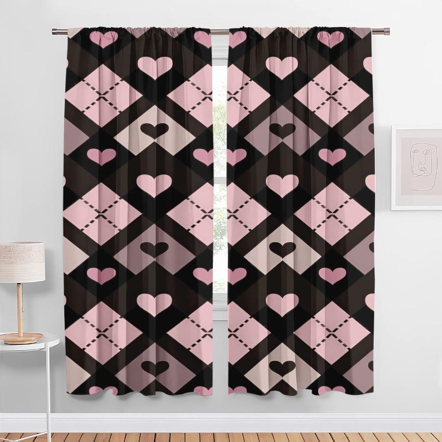 2 Stück schwarz-pinke herzförmige Vorhänge   süßer und cooler Stil   Schlafzimmer und Wohnzimmer   Dekorative Vorhänge mit Stangentaschen