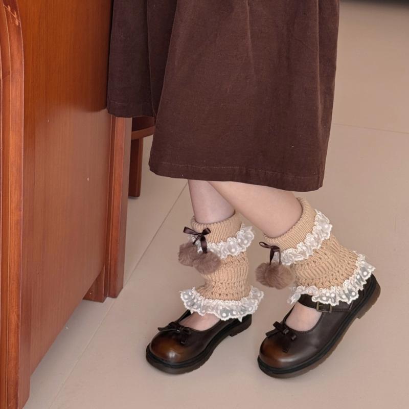 Fashionable Plush Balls Bows Adorned Leg Warmers with Lace Detail for Women's Hollowout Knitted Short Leg Covers Sleeves