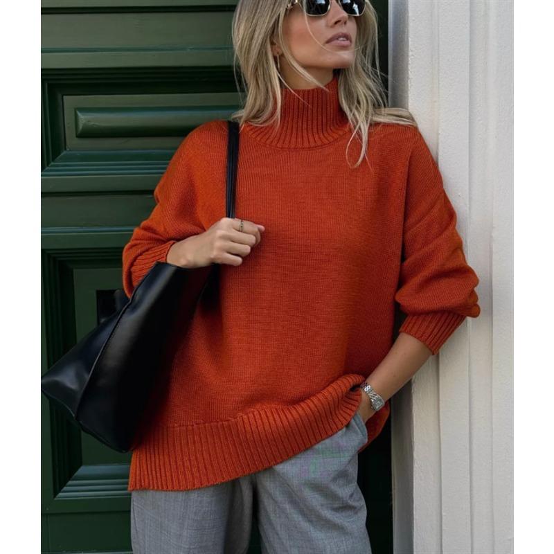 

Осень и зима свободный полувысокий воротник простой повседневный однотонный пуловер вязаный свитер универсальный свитер XL оранжевый