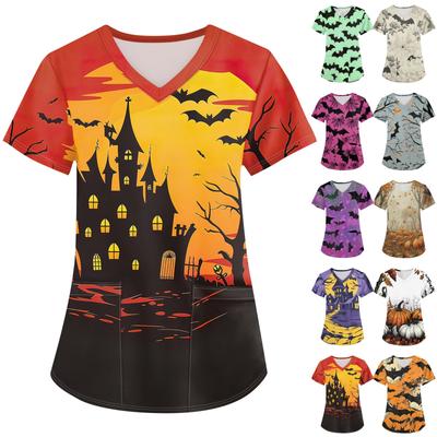 Women's Fashion V-neck Short Sleeve Workwear With Pockets Halloween Printed Tops