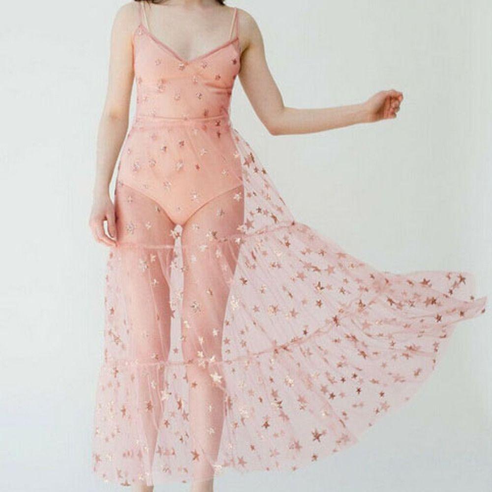 Dress Bling Bling Dress Lace Women Cover Up Spaghetti Straps Summer Tulle Dress V-Neck Sling Dress
