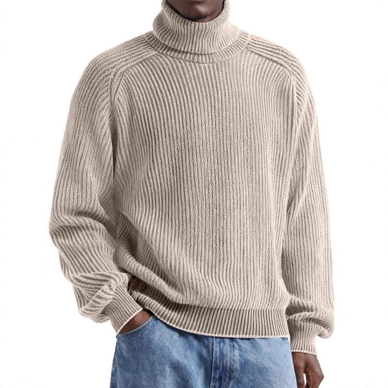 Mens Ribbed Knit Turtleneck Sweater Casual Washed Solid Color Loose Fit Pullover