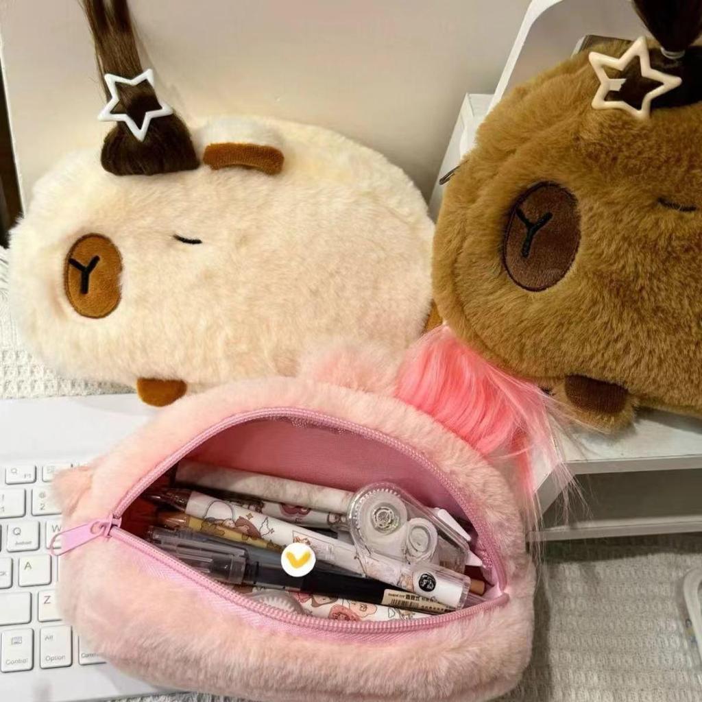 Cute Plush Pencil Case with Animal Glasses Design Large Capacity Cat Dog Shaped Makeup Bag School Stationer Bag Gift for Kids