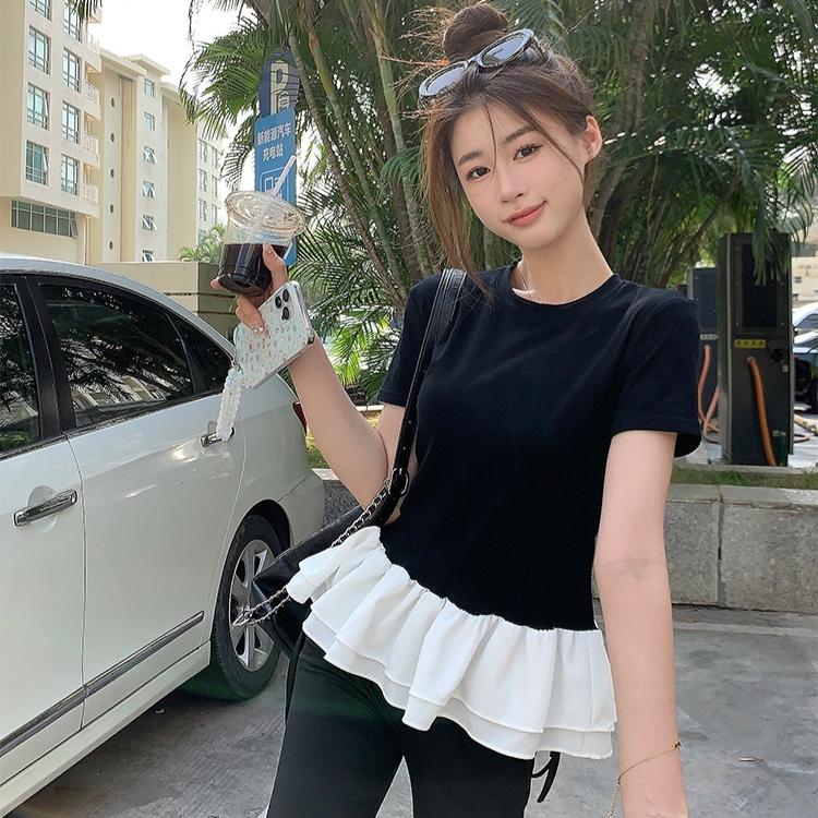 Summer MODAL COTTON t shirt for Women Ballet style O-neck short sleeve T-shirts Lotus leaf casual Slim Elastic Skinny black Tops