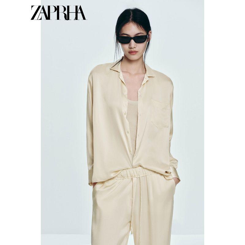 Zaprha 2025 Summer New Women Clothes French Style Fashion Satin Long Sleeve Pocket Decoration Lapel Shirts 7823147