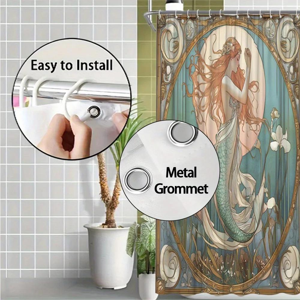 1pc Mermaid Watercolor Style Shower Curtain Bathroom Decor Polyester Fabric with 12 Hooks 70.8x70.8 Inches