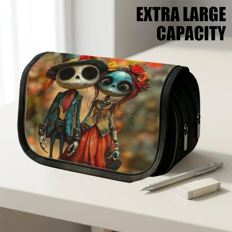 1pc Portable Flip-Top Halloween Themed Pencil Case with Double-Layer Zipper, Retro Artistic Skeleton Couple Design, Large Capacity Thickened Oxford Mu
