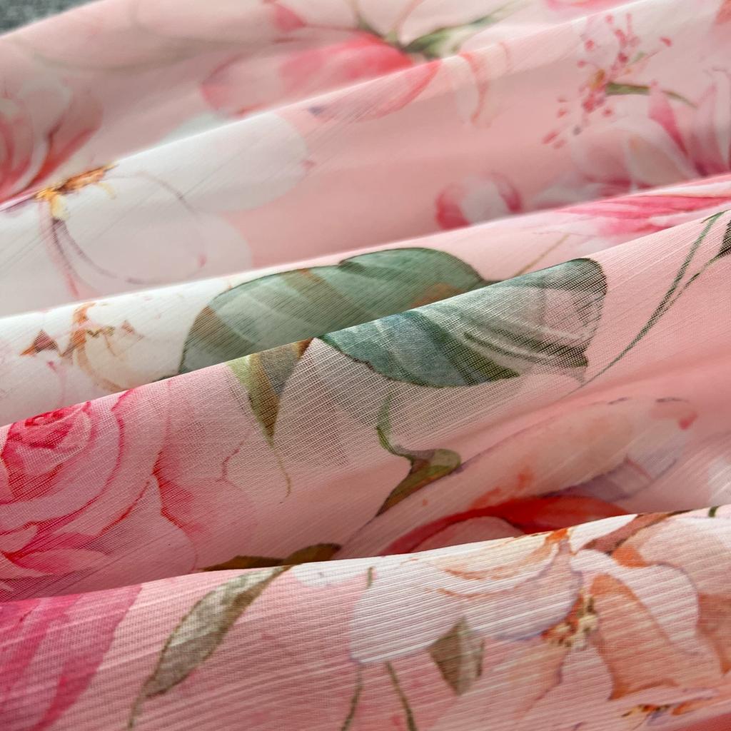 Summer Holiday Organza Gorgeous Flower 2 Piece Set Women Long Lantern Sleeve Shirt Blouse and Elastic Waist A Line Skirt Suit