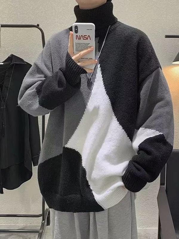Men's Patchwork Contrast Pullover: Artistic High Neck Knitwear for Autumn/Winter