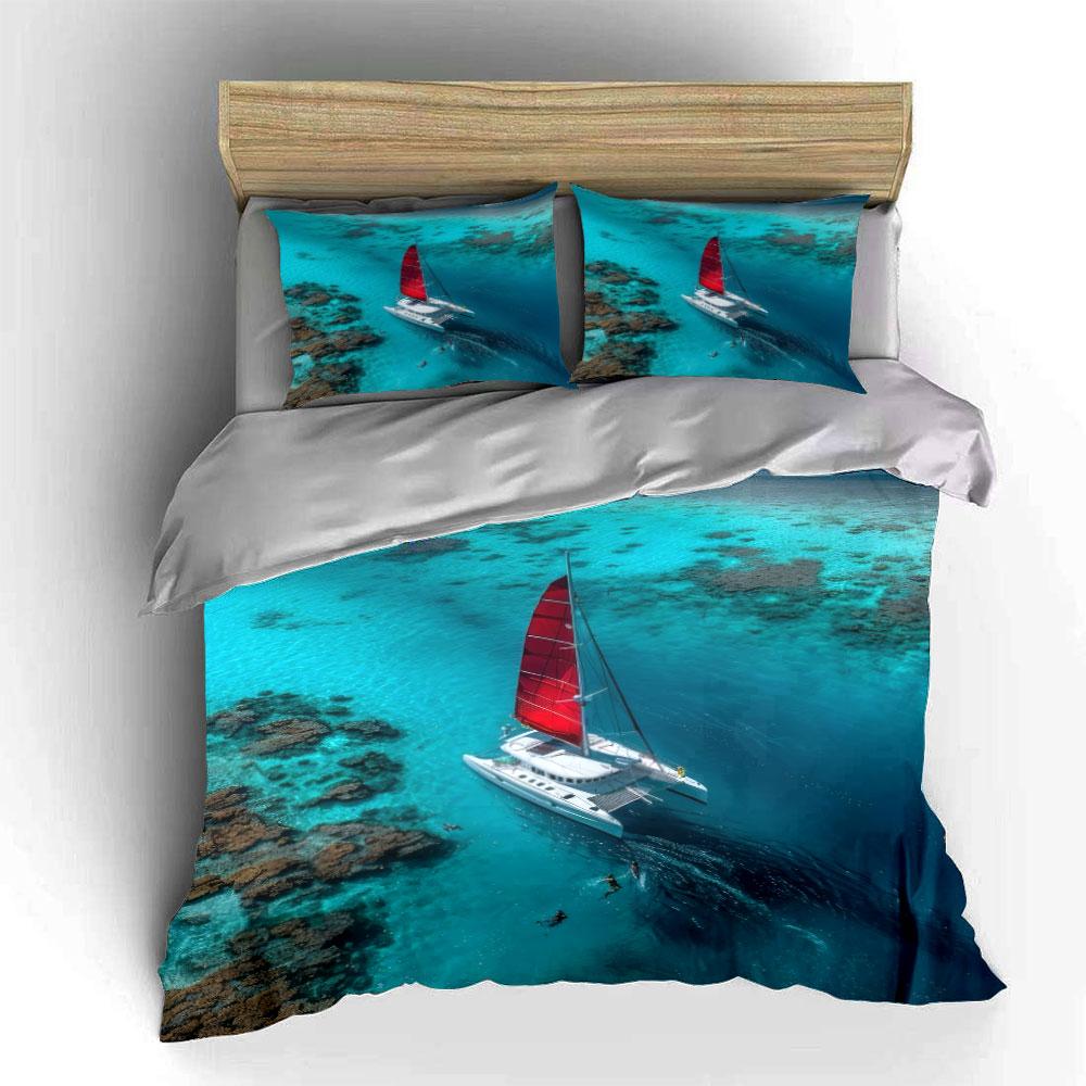 Sailing Decor Set Beach Theme Bedding Set with 1 Duvet Cover 2 Pillowcases Single Double King Queen, Gift