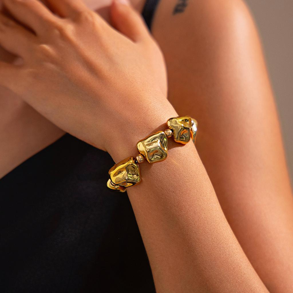 Exaggerated Smooth Geometric Alloy Wide Bracelet, Personalized Baroque Irregular Beaded Bracelet For Women