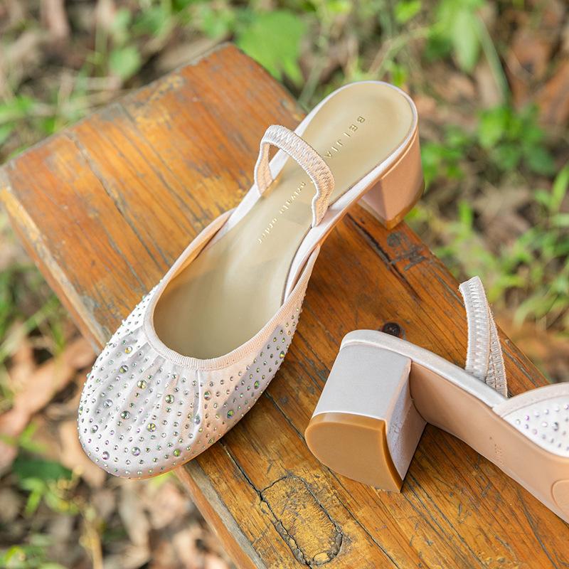 

Нишевый дизайн сандалии с круглым носком, инкрустированные бриллиантами, женские, на высоком толстом каблуке, эластичные тапочки из овчины 39 розовый