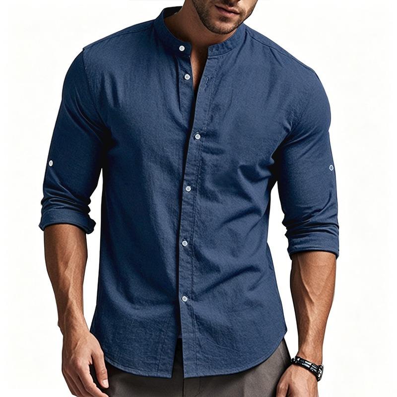 Men's Long Sleeve Stand Collar Henley Casual Shirt.