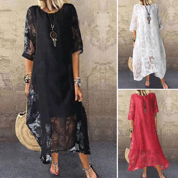2023 Summer Europe and America Hot Item: Round Neck Short Sleeve Lace Long Casual Dress