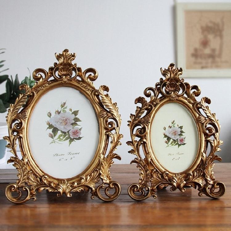 Golden Flowers Photo Frame With Antique Design Resin Oval Shape Picture Frame For Anniversary Wedding Or Housewarmings