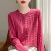Women Round Neck Cable Knit Cardigan Button Front Long Sleeve Soft Fuzzy Twist Knitted Loose Casual Fall Outerwear Sweater
