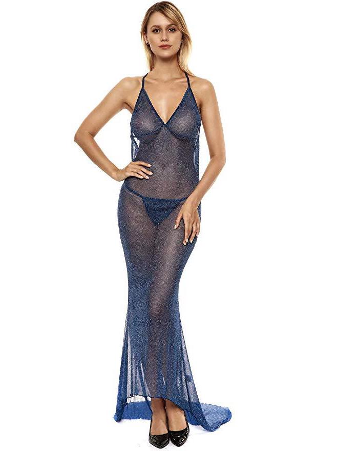 European & American Black Mesh See-Through Long Dress Lingerie Set: Low-Cut Spaghetti Strap Nightgown
