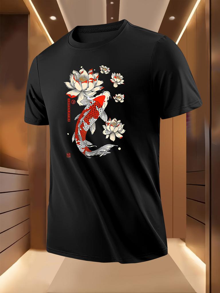 Koi Fish and for Lotus Print Tshirt - Short Sleeve Crew N...