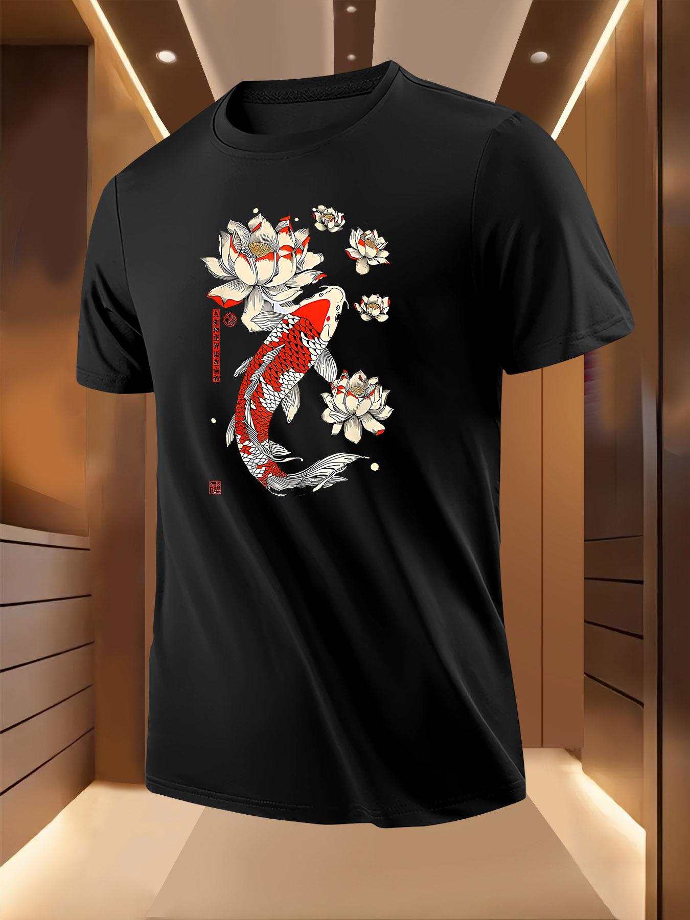 Koi Fish for Lotus Print Tshirt - Short Sleeve Round Neck... S