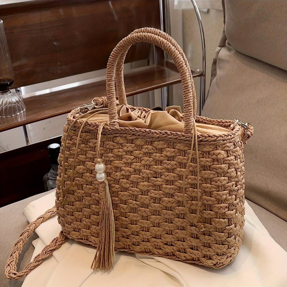 Women's Large Capacity Straw-Style Woven Beach Tote Bag Adjustable Crossbody/Handheld Strap with Tassel & Accents, Drawstring Closure