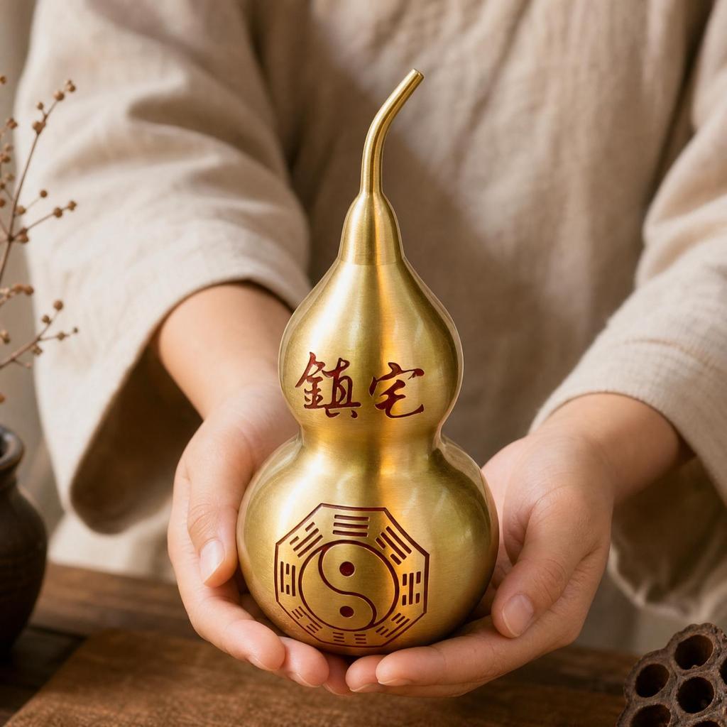 Feng Shui Brass Gourd with Bagua Symbol | DoubleLobed Shape, Calabash YinYang Motif, for