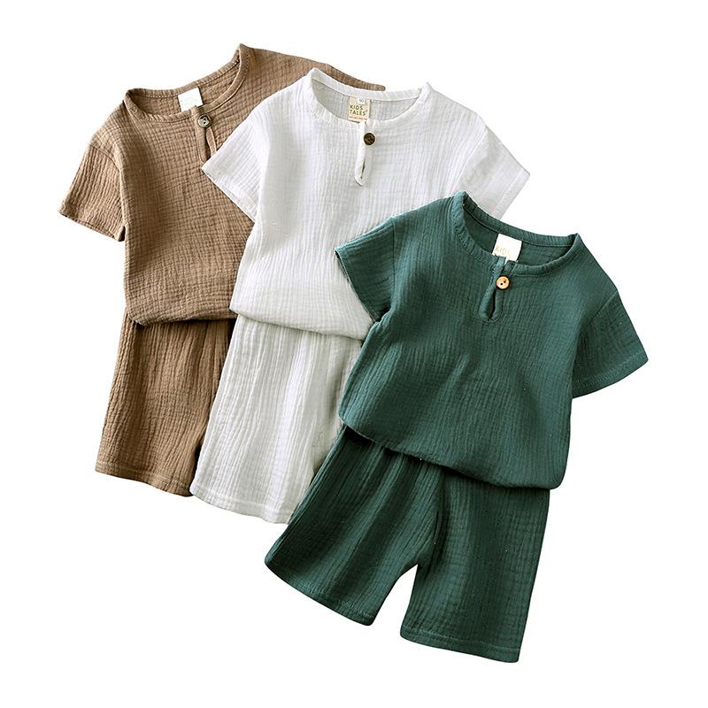 Baby Boy Baby Girl Solid Color Clothing Set Button Short Sleeve T-shirt + Thin Shorts Two-Piece Set