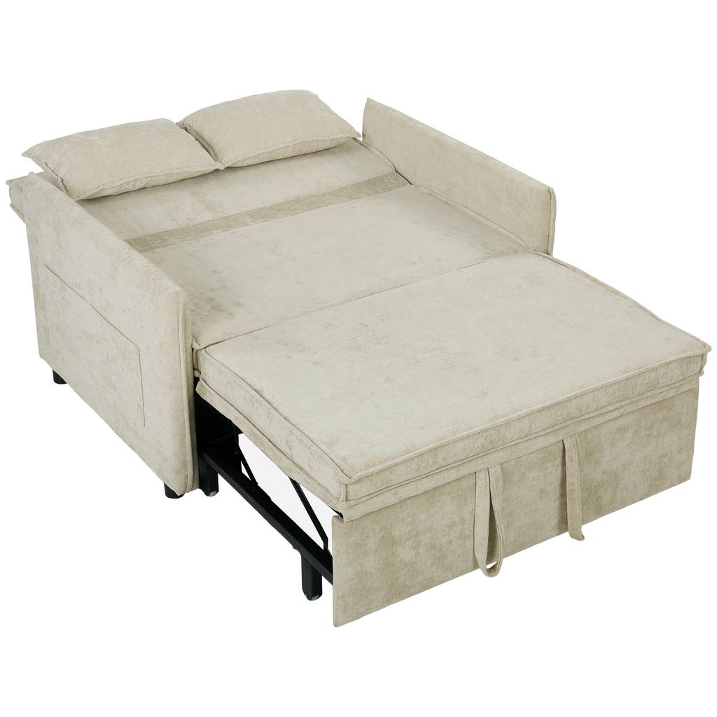 Convertible 2 Seater Sofa 3 In 1 Chenille Sofa Bed 125 Cm With Adjustable Backrest Wide Seat 2 Pillows Cream