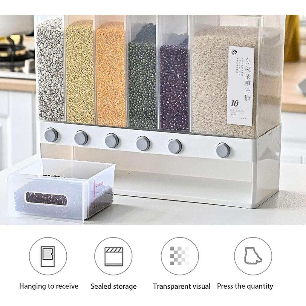 6 in1 Cereal Dispenser Dry Food Dispenser Storage Container Wall Mount Cereal Grain Rice Dispenser 6 Grid Rice Dispenser Food Bucket for Kitchen Home