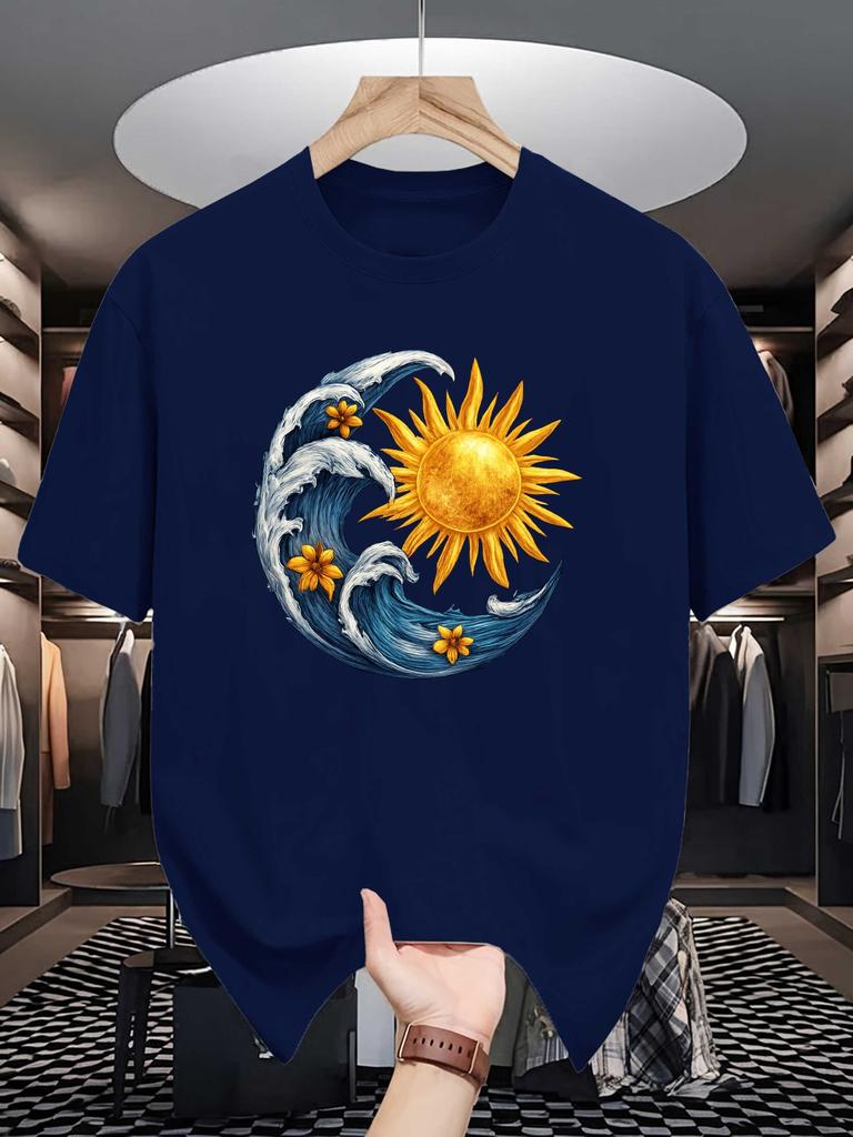 Unisex Crew Neck T Shirt Sun Moon Wave Floral Art Graphic Tees Short Sleeve Loose Fit Casual Unisexs Top For Outdoor Daily Street Wear