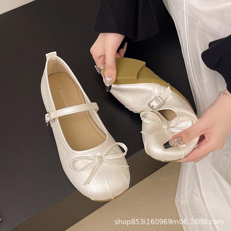 French silver flat ballet single shoes women 2025 new temperament bow fairy wind word belt Mary Jane shoes