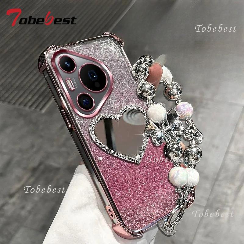 

Блестящий чехол-браслет с зеркалом любви для Huawei Pura 80 70 Ultra P60 P50 P40 P30 Pro Plus Lite, противоударная силиконовая накладка Huawei Pura 80 Pro розовый