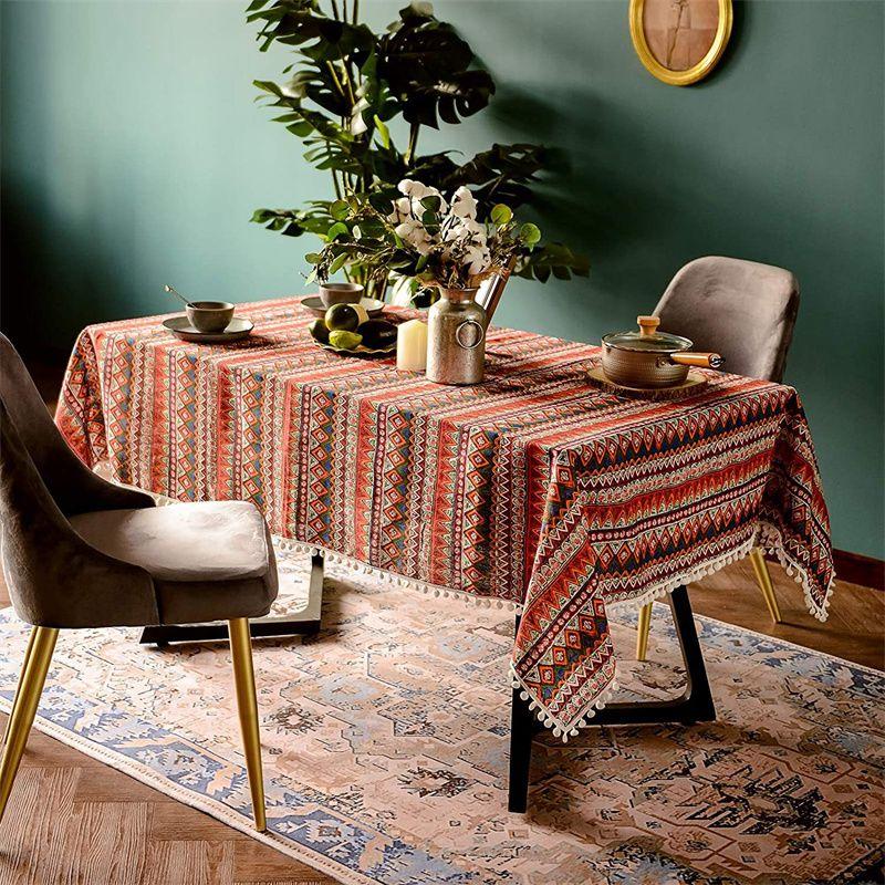 

American Democratic Style Cotton Linen Dining Table Cover Cloth Rectangular Dustproof Fabric Craft B & B Inn Tablecloth Bohemia Enthusiasm Red(Small white ball) 60*60cm