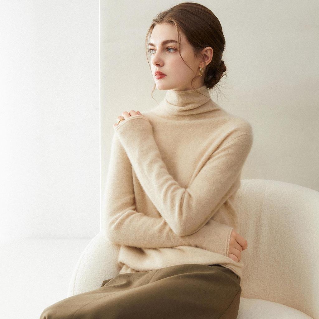 Women's 100% Pure Cashmere High Neck Loose Casual Sweater - Versatile Knit Base Layer